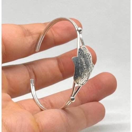 Hamsa Sterling Silver Bracelet – Handmade Hand of fatima Sterling Engraved Moroccan Boho Tribal Ethnic Bangle For Women