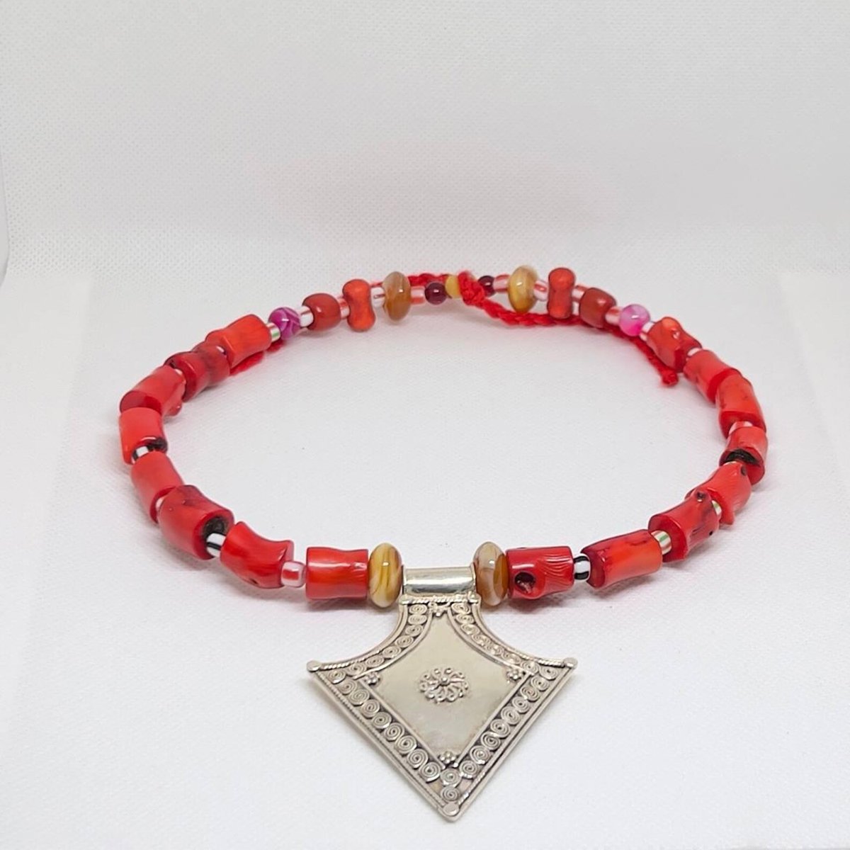 Antique Berber Coral Necklace Handmade Moroccan Sterling Silver Tuareg Pendant Ethnic Tribal Jewelry-2 moroccan_tribal_coral_bead_necklace