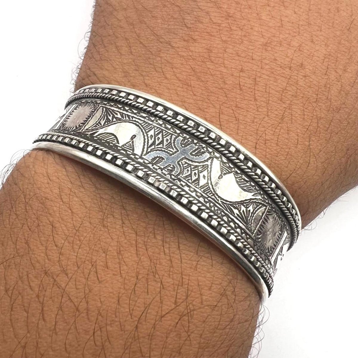 Sterling Silver Tuareg Cuff Bracelet – Yaz Amazigh Berber Tribal Bangle, Hand-Engraved Boho Ethnic Jewelry-1 sterling_silver_tuareg_cuff_bracelet_with_yaz_amazigh_symbol