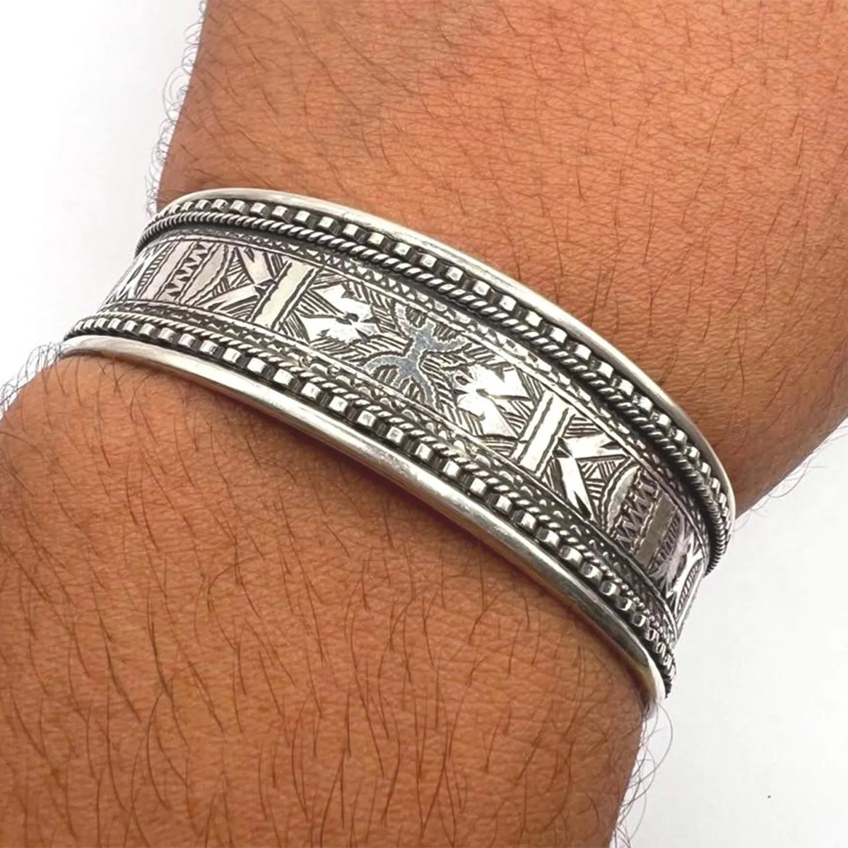 Sterling Silver Tuareg Cuff Bracelet – Yaz Amazigh Berber Tribal Bangle, Hand-Engraved Boho Ethnic Jewelry-4 amazigh_yaz_z_sterling_silver_cuff_bangle