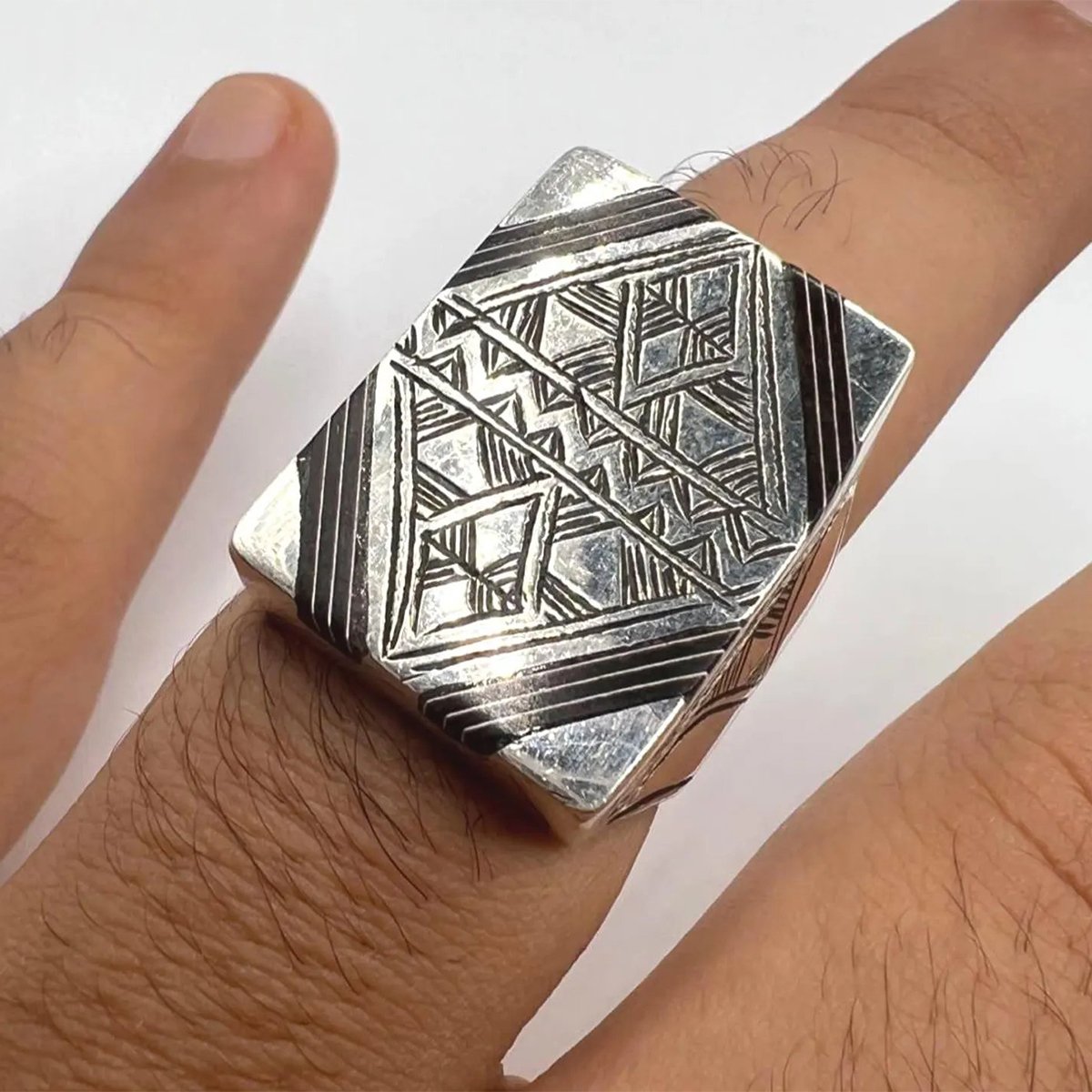 Tuareg Ebony Wood Sterling Silver Ring – Handmade Berber Moroccan Tribal Vintage Ring, Size 10-6 size_10_berber_sterling_silver_ring