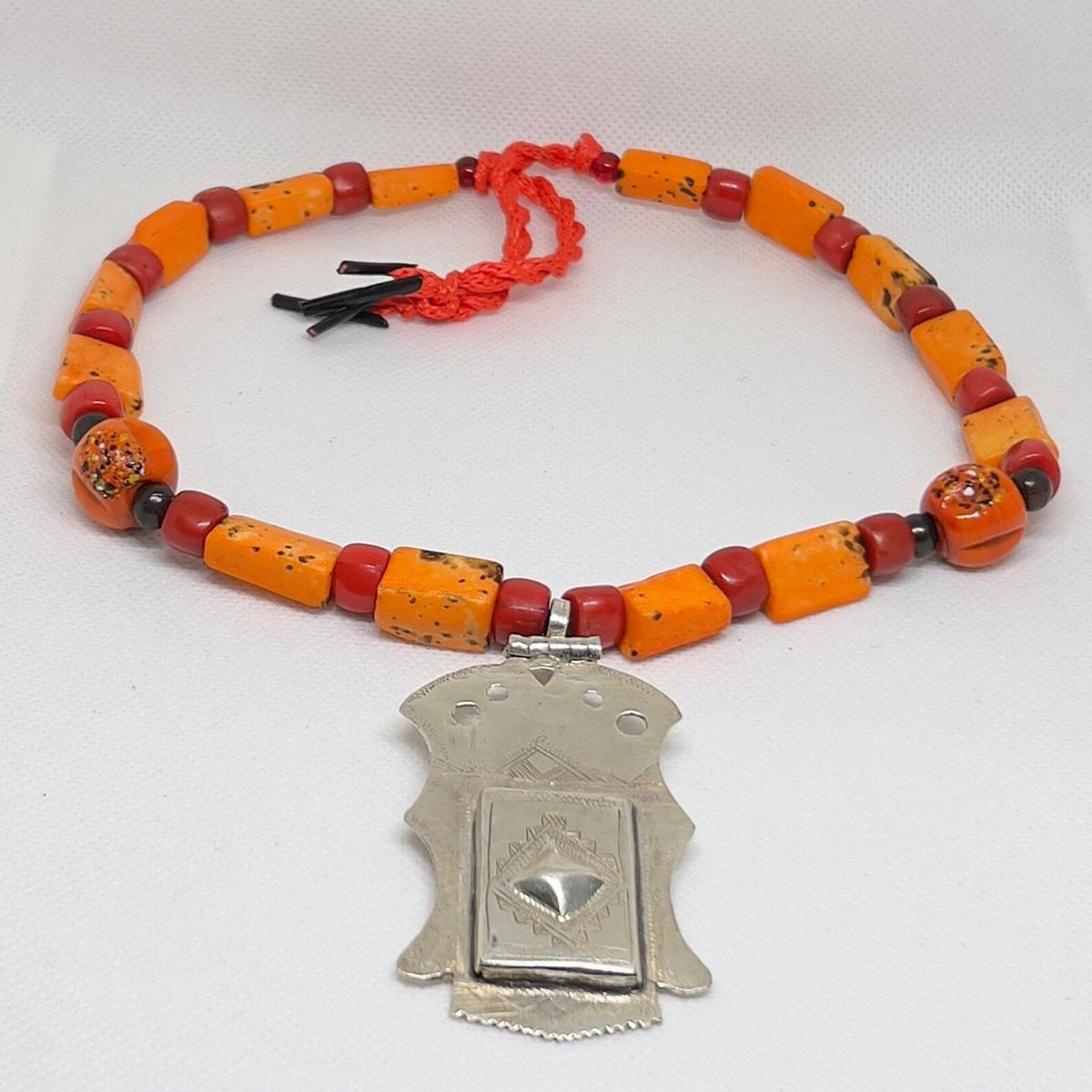 Vintage Berber Coral Necklace Handmade Moroccan Sterling Silver Pendant Antique Ethnic Jewelry-1 berber_sterling_silver_pendant_necklace