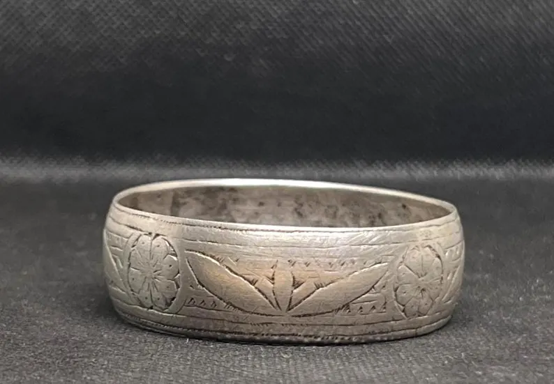 Antique Berber Silver Cuff Bangle Bracelet: Old Rose Flower Moroccan Ethnic Tribal Jewelry, 1940s Made - Image 2