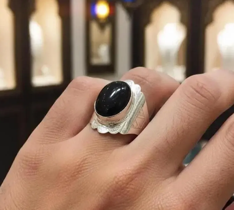Handmade Tuareg Sterling Silver Onyx Ring: Berber Tribal Jewelry, Size 8 - Image 1