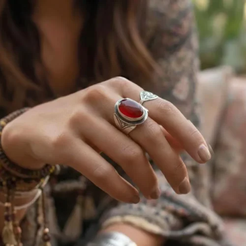 Tuareg Handmade Sterling Silver Carnelian Ring: Moroccan Silver Rings