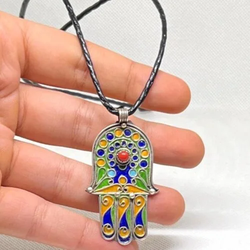 Berber Coral Necklace with enamel Hamsa Hand